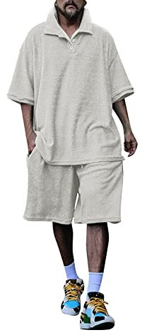 Herren Frühjahr und Sommer einfarbig Knopf Handtuch Stoff Hemd Kurzarm Hemd T-Shirt Shorts Hosen Zweiteiler Body Fit Anzug Herren