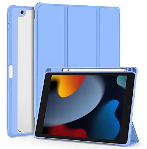 OKP for iPad 9th/8th/7th Generation Case (2021/2020/2019), iPad 10.2 inch Cases with Trifold Stand, Slim ipad 9/8/7 th gen Cover with Pencil Holder for Kids Women Men, Clear Back Shell, Sky Blue