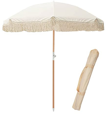 LefeDa 200cm Strandschirm Windfest Stabil gartenschirm Mit Quasten Sonnenschirm Holz Neigbarer Sonnenschutz Terrasse Uv Schutz Marktschirm Wasserdicht Faltbar Für Balkon Terrasse Party