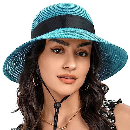 S.ROMZA Chapeau de Paille pour Femme avec Cordon Coupe-Vent à Large Bord Pliable pour la Plage, l'été, Protection UV 50+ (Bleu Ciel)