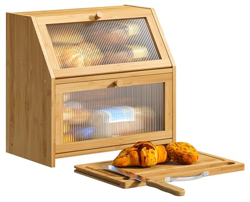 BMOSU Boîte à pain double avec planche à découper – Boîte à pain surdimensionnée en bois de bambou pour comptoir de cuisine (naturel)