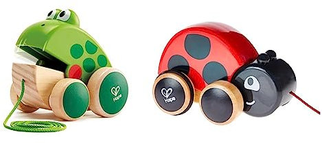 Hape Nachziehfrosch Fridolin von Hape | Holzfrosch Fliegen fressendes Nachzieh-Spielzeug für Kleinkinder, leuchtende Farben & Nachziehkäfer Marie aus Holz, Ziehspielzeug für Kinder ab 12 Monaten