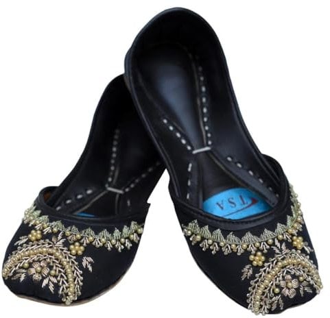 Women Ladies Elegant Designer Stunning Closed-Toe Traditional Ethnic Bridal Handmade Leather Flat Khussa Indian Pumps Slip on Shoes Size (4) Black