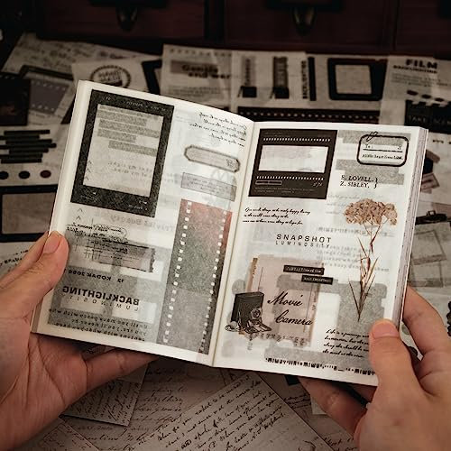 RISYPISY 40 Blätter Vintage Washi Aufkleber Buch für Erwachsene, Journaling Buch Ephemera mit 210pcs Film Aufkleber und 20 selbstklebende Scrapbooking Papiere, Bullet Journaling Scrapbook Supplies