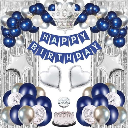 Decorazioni Compleanno, Addobbi Compleanno per Uomo Ragazzo, Set Palloncini Compleanno Blu Argento con Striscione di buon Compleanno, Decorazioni per Festa di Compleanno