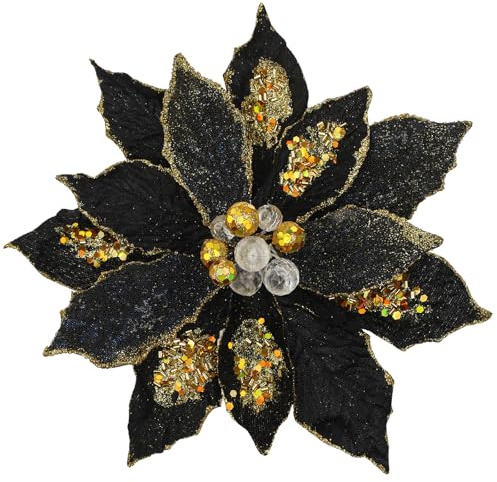 Hollyone 4 Stück Künstliche Weihnachtsblumen Schwarz Glitzer Weihnachtsbaum Dekoration Weihnachtssterne 23cm Große Kunstblumen für Weihnachten Neujahr Hochzeit Partys Feiertagsdekoration