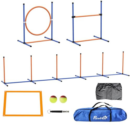 PawHut Dog Agility Equipment Set, 8 Piece Outdoor Agility Kit w/Weave Poles, Adjustable High Jump Ring, Hurdle, Pause Box, Tennis Balls, Whistle, Training Shorts, Carrying Bag, for Dogs - Orange