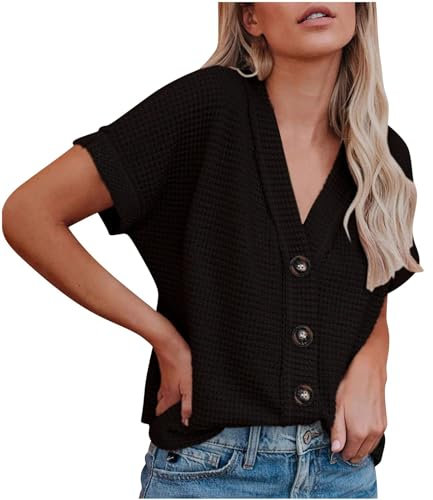 Maglietta estiva da donna a nido d'ape, a maniche corte, con bottoni, elegante, casual, tinta unita, con scollo a V, cardigan aperto sul davanti, giacca, Nero , M