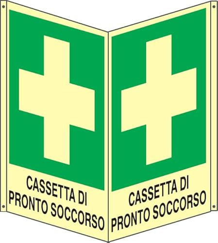 GLOBAL CARTELLO SEGNALETICO BIFACCIALE LUMINESCENTE - CASSETTA DI PRONTO SOCCORSO - In Alluminio Con Adesivo Luminescente Con Stampa Diretta U.V. (Alluminio Luminescente, 20x31 cm)