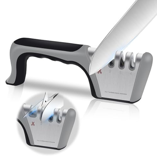 TNOMSNO Messerschleifer Profi, 4 in 1 Knife Sharpener, Messer Schärfen für Grobschliff, Schärfen, Honen und Polieren, Messer Schleifen für Küchenmesser, Obstmesser, Scheren und Andere Messer