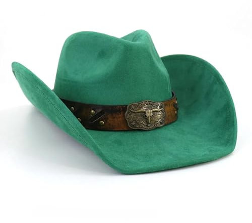 FULUJIDI Fedora Trilby Filzhut Hut Cowboy Hut Leder Band Wildleder Hut Outdoor Herren Hüte Damen Party Reiten Cowgirl Hut 56-58Cm Grün