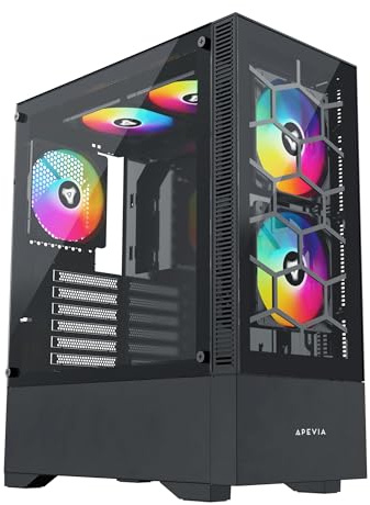 Apevia Eclipse-BK Eclipse Mid Tower Gaming PC Case w/ 5X 120mm ARGB Fans, 366 RGB Light Modes, Minimalistic Honeycomb Design, Tempered Glass Front & Side Panels, 1X USB3.0, 2X USB2.0, Black
