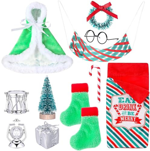 12 Pezzi Elfo Natale Accessori, Accessori per Elfo di Natale con Mini Albero Natale, Sacco a Pelo, Occhiali, Amaca, Mantello, Accessori Elfo di Natale per Decorazioni Casa Elfo Natale in Miniatura