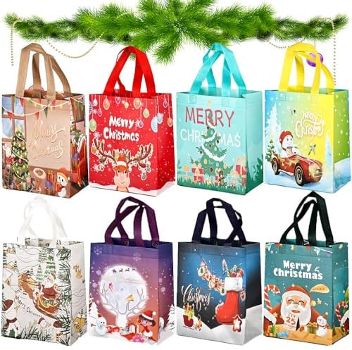 Anyingkai 8Stück Weihnachts Geschenktüten,21×12×26cm Wiederverwendbare Weihnachten Vliestüten,Geschenktüten weihnachten,Einkaufstasche, Weihnachts Party,Weihnachtstaschen mit Griffen