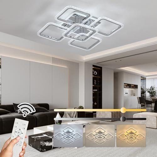 ZAITINZ Led Deckenleuchte,Wohnzimmerlampe,3000-6000K Deckenleuchte Dimmbar mit Memory Funktion,5 Quadratische Deckenlampe Led,56 * 56CM Moderne Deckenleuchten für Wohnzimmer,Schlafzimmer,Flur,Chrom
