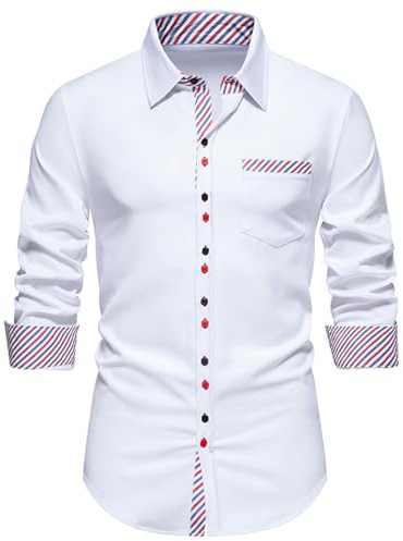 Chemises à manches longues - Chemise à carreaux pour homme - Chemise d'automne décontractée à revers - Chemise à manches longues pour homme - Cardigan blanc à double manchette en coton