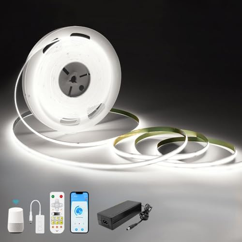 RYE 24V COB LED Strip Kit,6000k Nature White Dimmable Tape Light with RF Remote Control/Smart App,Support Alexa Control,Under Cabinet Bedroom Kitchen TV Mirror DIY Lighting,5M*480LEDs/M,CRI90+.