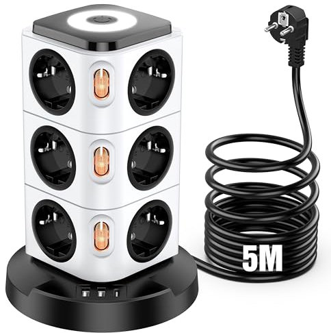 Acodot Regleta Enchufes Proteccion Sobretension Múltiple Enchufes con 12 Enchufes de Seguridad, Regleta Enchufes con 1 Rápida USB-C y 2 USB-A Regleta Vertical Torre Enchufe, 5M Cordón 2500W