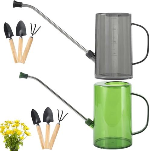 2 Stück Gießkanne, 1L Gießkanne mit Ausguss, Gießkanne Zimmerpflanzen, Langer Auslauf Giesskanne, Gießkanne mit Komfort Griff für Den Zimmerpflanzen, Balkonpflanzen Blumengießkanne (Grau+Grün)