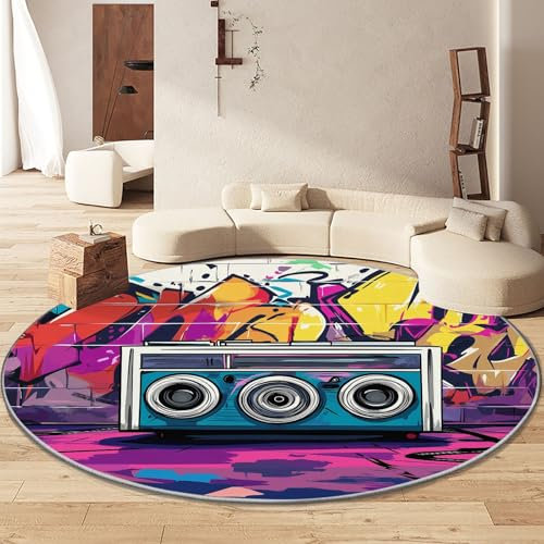 Runder Rutschfester Teppich 120 cm, Graffiti Kunst Hip Hop Lautsprecher Waschbarer Runder Teppich, Weicher Graffiti Lautsprecher Runder Teppich für Küche, Waschraum, Wohnzimmer, Esszimmer