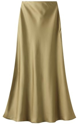 Onsoyours Femme Jupe en Satin Élégant Taille Haute Élastique Midi Jupes en Soie avec Fermeture Éclair Couleur Unie A Jaune M
