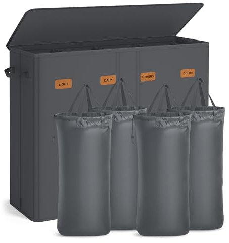 SONGMICS Wäschekorb mit 4 Fächern, 210 L, mit Deckel, 5 Etiketten, herausnehmbarer und waschbarer Innensack, Waschküche Schlafzimmer, dunkelgrau RLH014G01