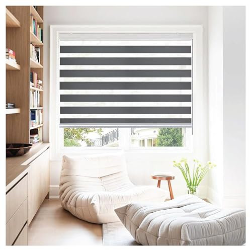 Rehan & Co Grey Day and Night Zebra Roller Blinds for Windows Light Filtering Dual Layer Fabric Window Blinds Drill/No Drill Easy Fit Blind for Door (174cm W x 165cm L)