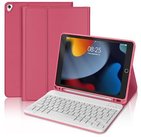 IVEOPPE Clavier Coque pour iPad 9ème/8ème/7ème Génération 2021/2020/2019 10.2”/iPad Air 3 10.5 2019/iPad Pro 10.5, AZERTY Français Magnétique Amovible Clavier Bluetooth Etui avec Porte Crayon, Rose