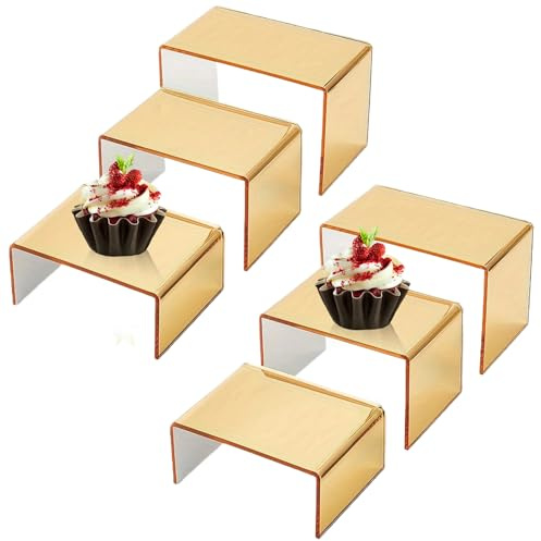 Regal aus Acryl | Goldene Sockel für Präsentation von Sammlerstücken, multifunktionaler Organizer in 3 Größen – Präsentation für Gebäck, Desserts, Parfums und Figuren