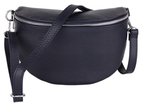 MIRROSI Damen Bauchtasche aus Echtleder, Made in Italy. Als Umhängetasche, Brust- oder Schultertasche tragbar, 26x20x8 cm, Reißverschlussfach hinten. (Navy Basic Version)