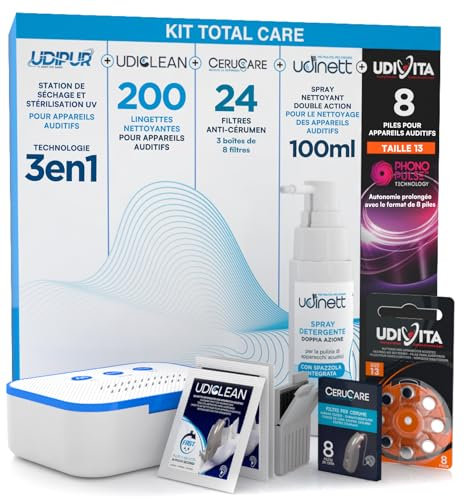 8 Piles pour Appareils Auditifs Taille 13 PR48 + 200 Lingettes Nettoyantes Udiclean + Spray avec Brosse Udinett 100ml + 24 Filtres Cérumen CeruCare + Station Recharge Séchage Udipur - Kit Total Care
