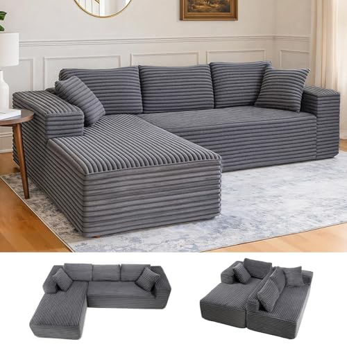 COMHOMA 105 ” modulares Sofa mit tiefer Sitzfläche, L-förmige Couch mit breiten Armlehnen, Cordstoff, hochdichter Schaumstoff, Chaiselongue für das Wohnzimmer,kein Zusammenbau erforderlich, dunkelgrau
