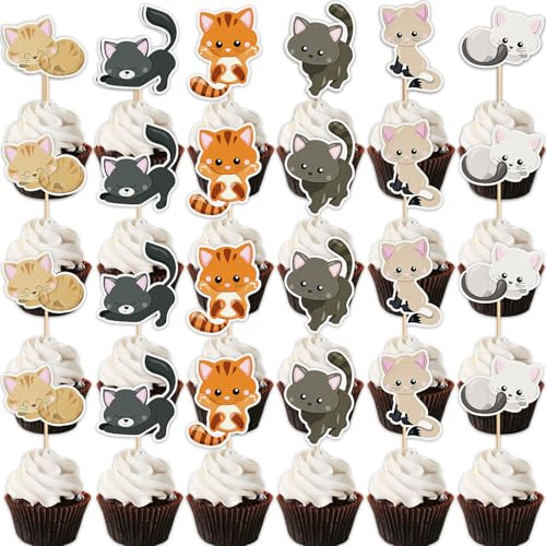 24Stk Katze Kuchen Dekoration, niedliche Katze Geburtstag Party Dekoration, Tier Thema Geburtstag Artikel, Katze Cupcake, Baby Dusche Hochzeitsartikel, Junge Mädchen Kuchen Party Dekoration