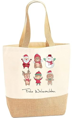 Weihnachten Jutebeutel, Canvas Tasche Stoffbeutel mit Weihnachtsmann-Motiv, Rentier und Aufschrift Frohe Weihnachten, Kinder Geschenktüten Wiederverwendbare Weihnachtstaschen, X-Mas Geschenkidee