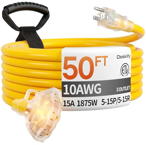 Deeklify - 50ft 10/3 Outdoor Extension Cord with Multiple Outlets, Weatherproof, 3 Outlet SJTW Cord Splitter with Indicator Light, 15A 1875W for Garden, Gorges and