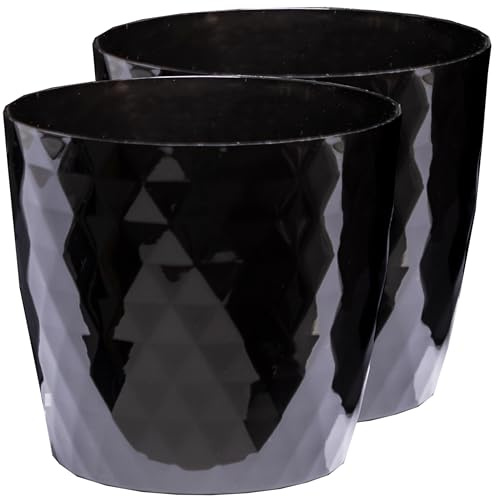 Home Garden Ornaments Plant Pots Indoor, 2 Pack, No Holes, Glossy Crystal Look, Decorative Plastic Planters (Black 16cm / 6.3 inch)