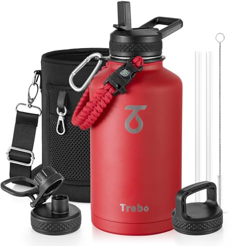 Trebo Insulated Water Bottle 2 L Stainless Steel with Paracord Handle & Bag | Large Metal Half Gallon Jug with 3 Lids, Strap, Triple Wall Vacuum, Cold 48 Hrs, Dishwash safe, Wide Mouth, for Sports, Gym