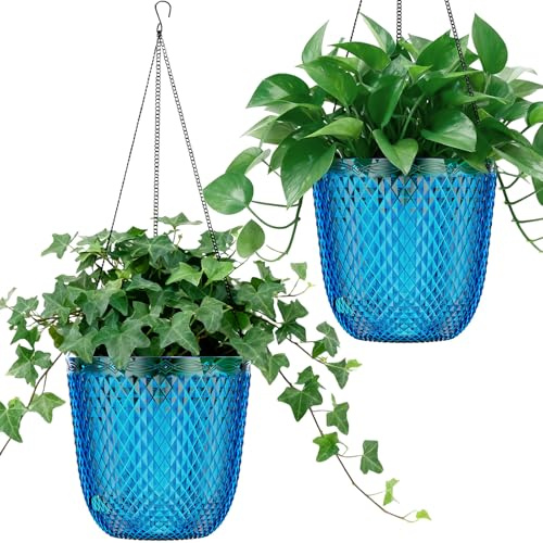 QCQHDU Lot de 2 pots de fleurs suspendus à arrosage automatique de 14,5 cm pour plantes d'intérieur avec trous de drainage et 3 chaînes de crochets pour jardin et maison (bleu Klein)