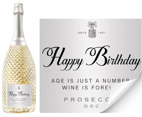 Prosecco Label Gift Ready - Premade Happy Birthday for Mum & Wife, Prosecco Gifts for Women, Prefilled Silver Metallic Wine Labels Teacher for Her (Age is just a Number Wine is Forever)