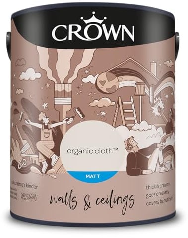 Crown Organic Cloth® 5L Walls & Ceilings Matt Emulsion | Rich velvety matt in Organic Cloth. Covers beautifully. Ideal for bedrooms & living rooms. Low VOC, low odour, vegan