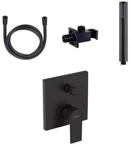 Belvit Hansgrohe Vernis Unterputz Wannenarmatur Set, Schwarz | Duscharmatur für Badewanne, Anschluss für Regendusche und Handbrause, Vorbereitetes Duschset ohne iBox, Für modernes Bad