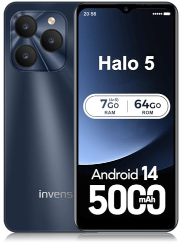 invens Halo5 Smartphone Pas Cher - 7 Go (4+3) RAM + 64 Go (TF 256 Go) Téléphone Portable Android 14, 6.52 Écran HD+, Batterie 5000mAh, 16MP + 8MP Telephone, 4G Dual SIM/GPS/Face ID/Empreinte/Type-C