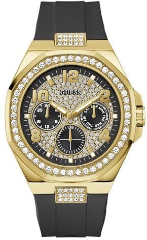 Guess Herren Armbanduhr Empire mit Zirkonia, schwarzes Silikonarmband, Mineral Glas, schwarzes Ziffernblatt, 5 Bar, Gehäusedurchmesser: 45 mm, GW1002G2