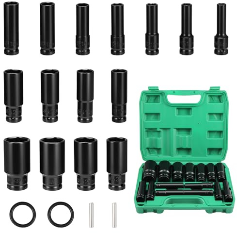 Gueenky 15 Piezas Llaves de Vaso Impacto 1/2'', 8-32 mm Vasos de Impacto Largos con Adaptadores de Llave de Vaso para Reparaciones de Coche y Cambio de Neumáticos