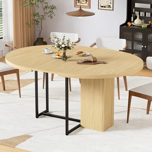 MSFE Mesa de Comedor Extensible Redonda 120-150x120x75.5CM Mesa Extensible Cocina Madera para 4-8 Personas Mesa de Cocina Extensibl con Estante de Almacenamiento Industrial Mesa de Comedor o Co-CINA