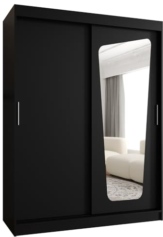 Kryspol - Kleiderschrank mit Spiegel - Schwebetürenschrank - Kleiderschrank 150 cm Breit x 200cm(H) x 62cm(T), 2 Türen, Laminierte Möbelplatte, Schiebetürenschrank Moka 150, Farbe Schwarz