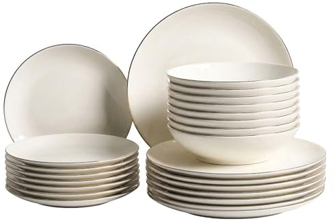 Service de Vaisselle en Porcelaine 24 Pièces avec Bordure Décorative Finition Émail Transparente Blanc Cassé et Doré Cumin