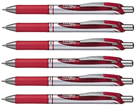 Pentel Gel-Tintenroller EnerGel mit Druckmechanik, 6 Stück, 0.7mm (rot, 6er Pack)