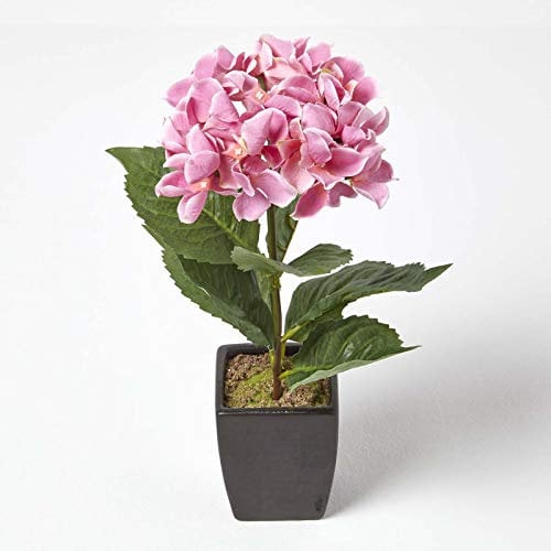 HOMESCAPES Pink Hydrangea Artificial Plant in Mat Black Pot, 38cm tall Indoor Faux Flower