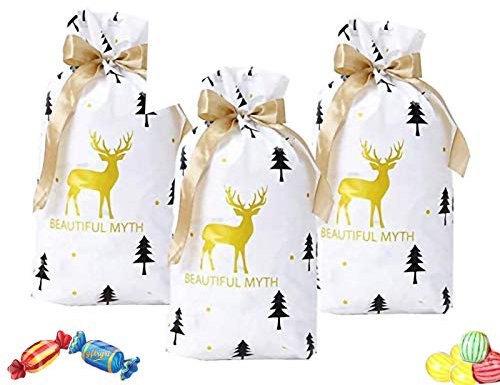 VieVogue Geschenkbeutel mit Kordelzug, 50 stücke Goody Bags Set, Bunt Geschenktüten und Candy Tüten für Hochzeit,Familientreffen,Weihnachten Gift Bags Candy Tüten (Goldenes Rentier)